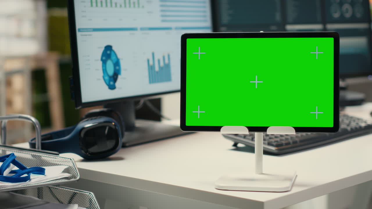 Empty office environment showcases tech tools of green screen and resources