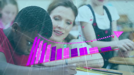 animación del procesamiento de datos financieros sobre diversos escolares y maestras