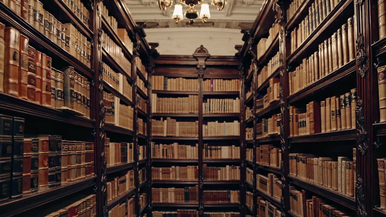 A video still of a vintage library with ornate wooden shelves filled with books