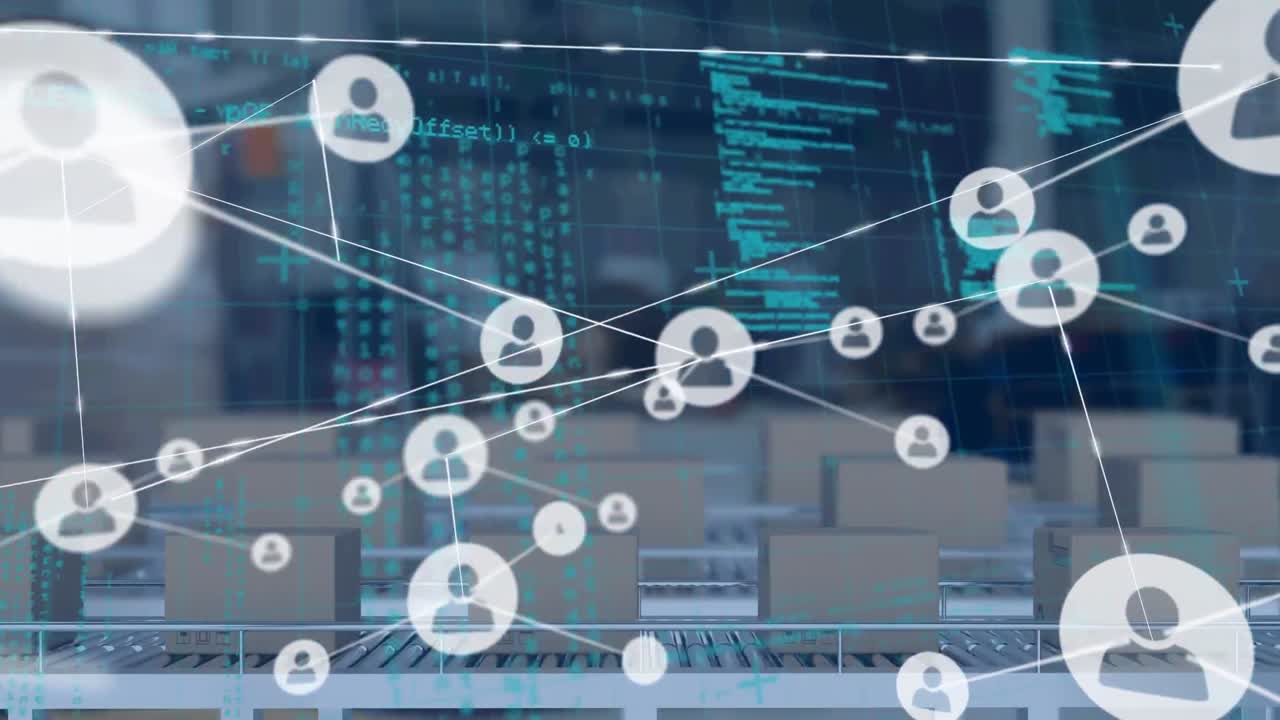 animación de redes de conexiones e iconos sobre cajas en cintas transportadoras y procesamiento de datos