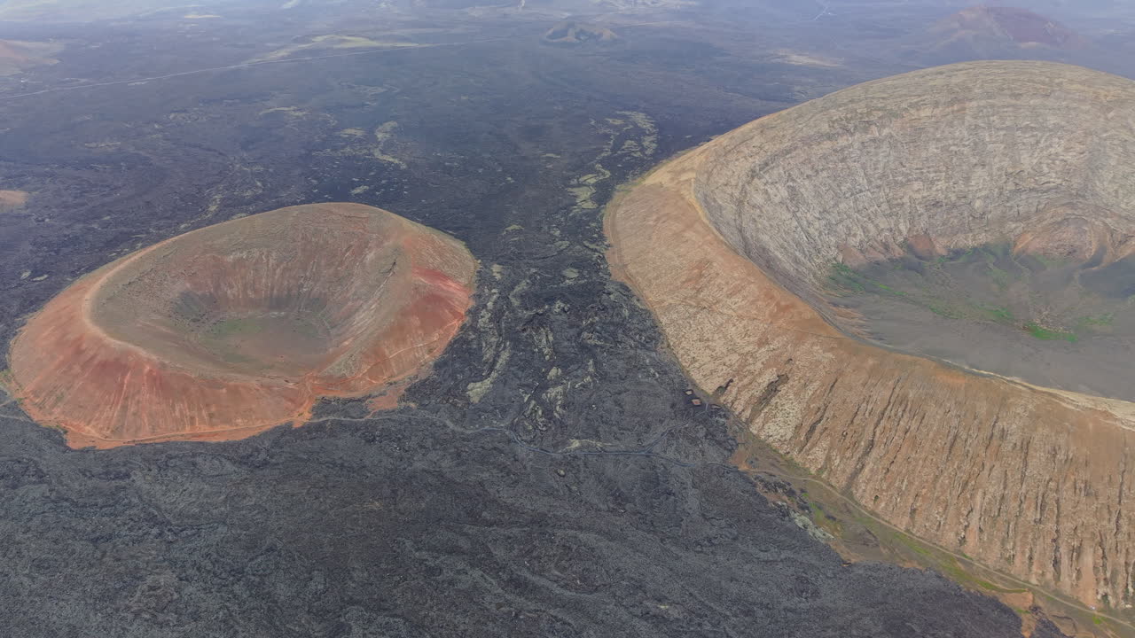 Aerial view of volcanic craters and lava field
