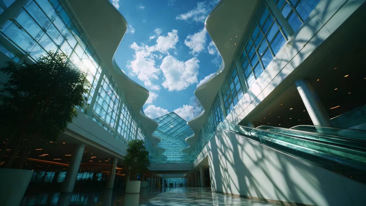 Uma vista impressionante da arquitetura moderna e céus limpos capturada em duas fotos, mostrando a elegância de um espaço aberto cheio de luz e vida, destacando a beleza e o design do edifício