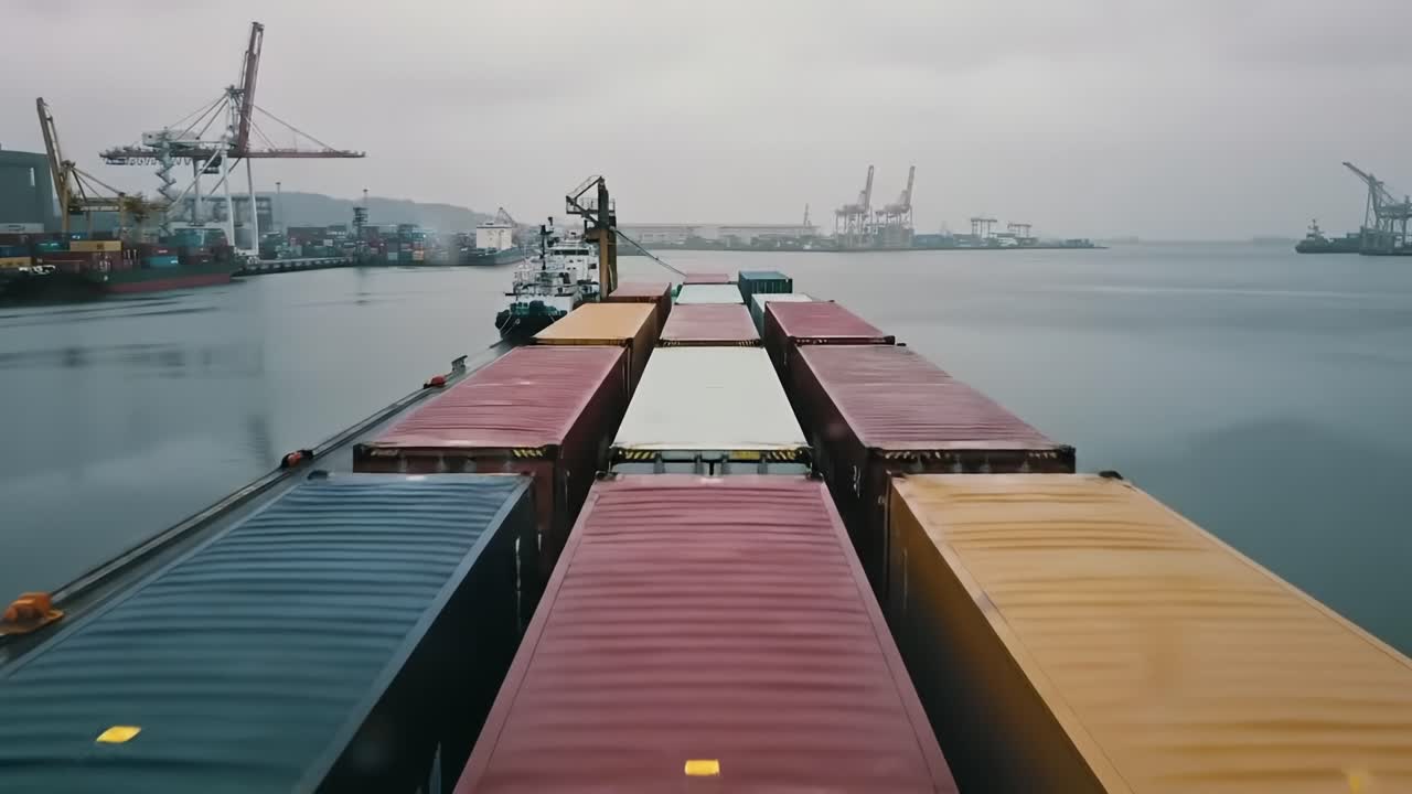 Container Ship Navigating Through a Busy Port with Cranes and Tranquil Waters in the Background, Showcasing Maritime and Shipping Activities