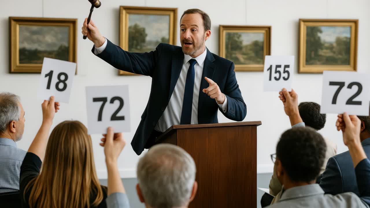 Dynamic video still of an auctioneer in a suit, mid-action with raised gavel