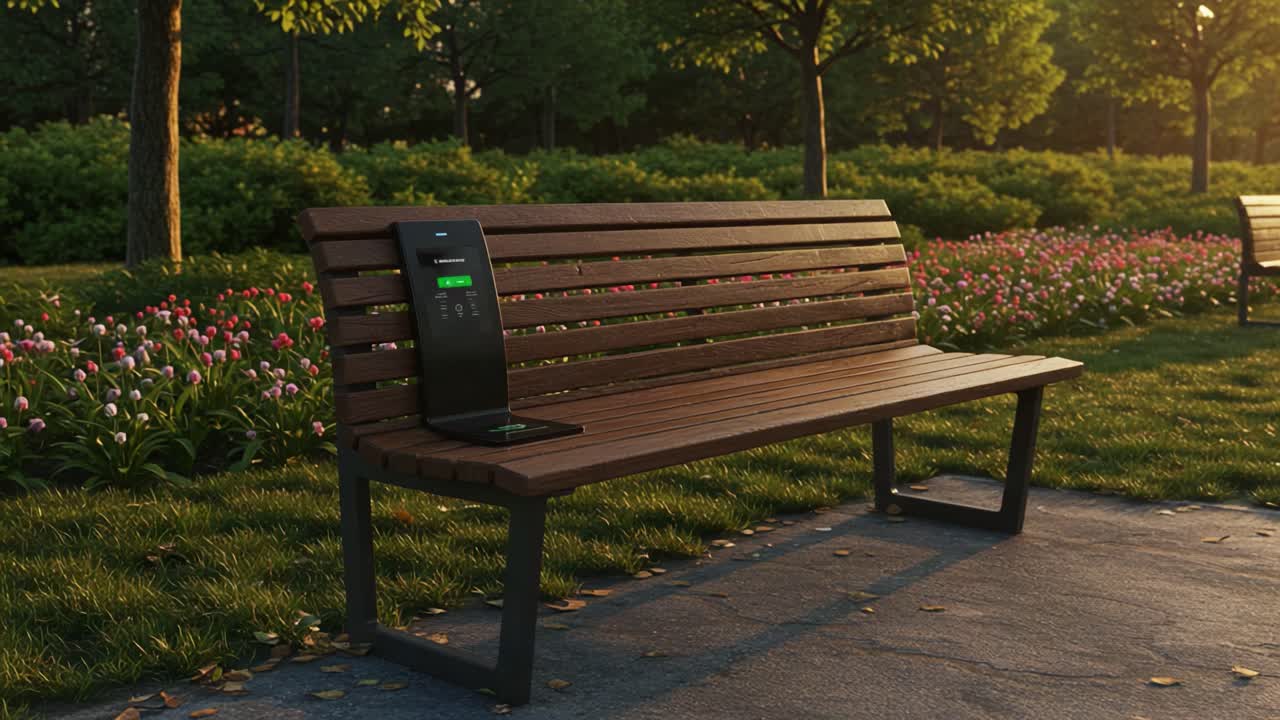 Modern Urban Park Bench with Integrated Charging Station in a Lush Green Environment Highlighting Technology and Nature's Harmony