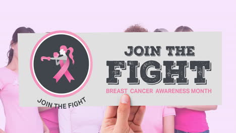 animation of pink ribbon logo with breast cancer text over diverse group of women