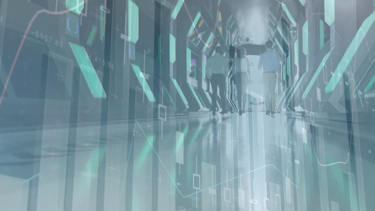 현대 사무실에서 걸어다니는 다양한 사업가들에 대한 금융 데이터 처리 애니메이션