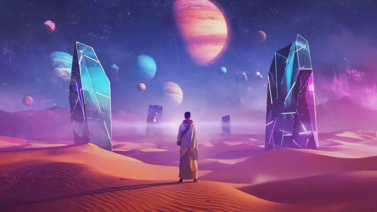 Surreal Desert Landscape with Planets and Crystals