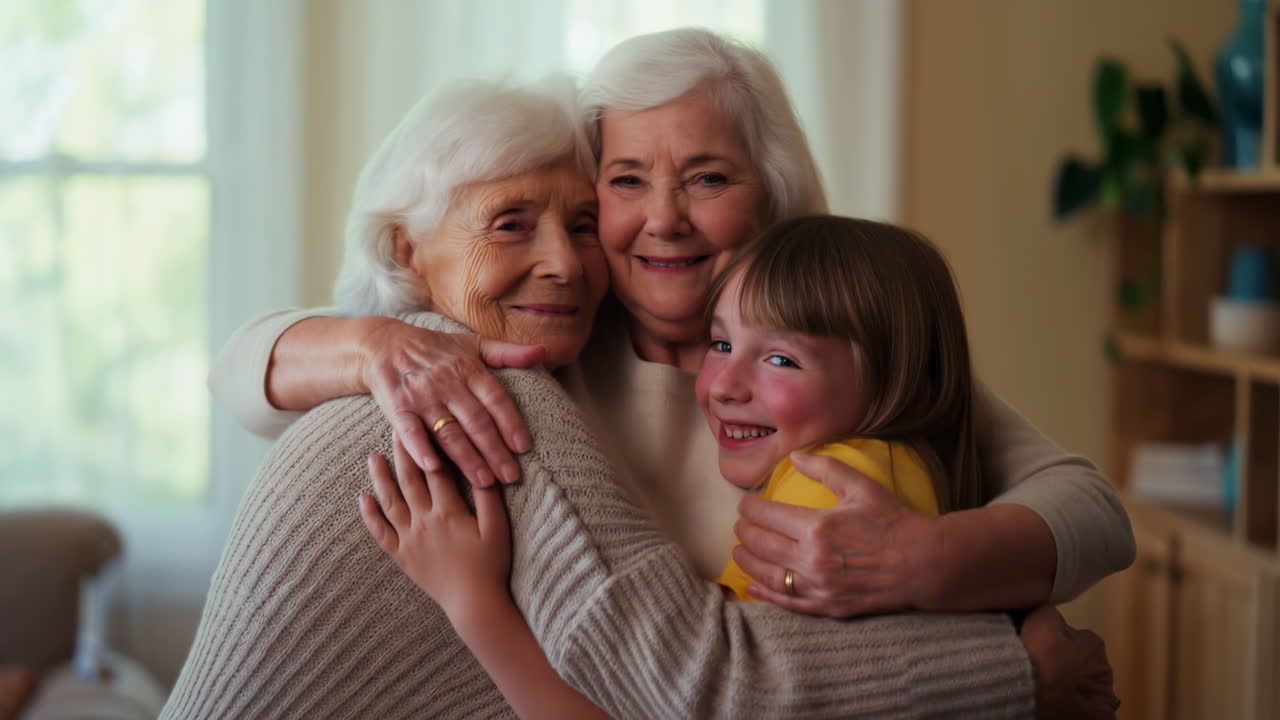 Nonne felici e nipote che si abbracciano