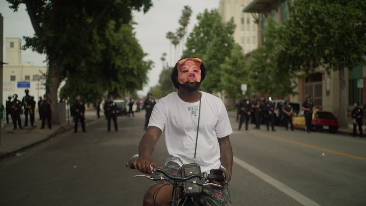 A protestor in front of the 20 police officers wearing a pig mask