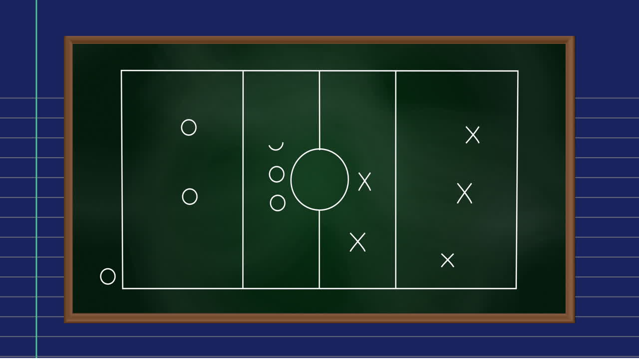 Animation of football game strategy drawn on green chalkboard against blue lined paper background