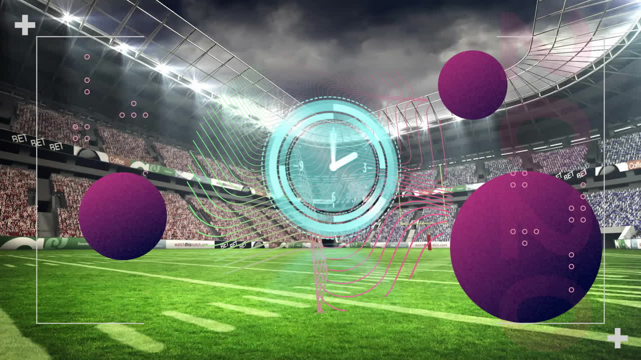 Digital clock animation over vibrant soccer stadium with cheering crowd