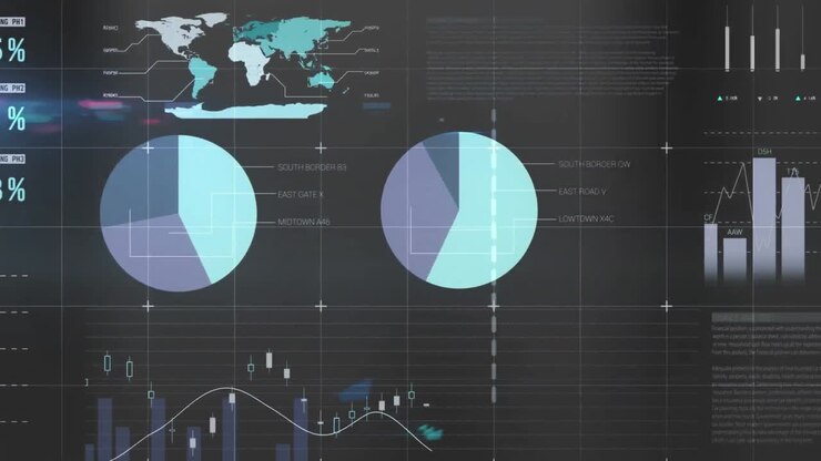 Animation of financial data processing over grey background
