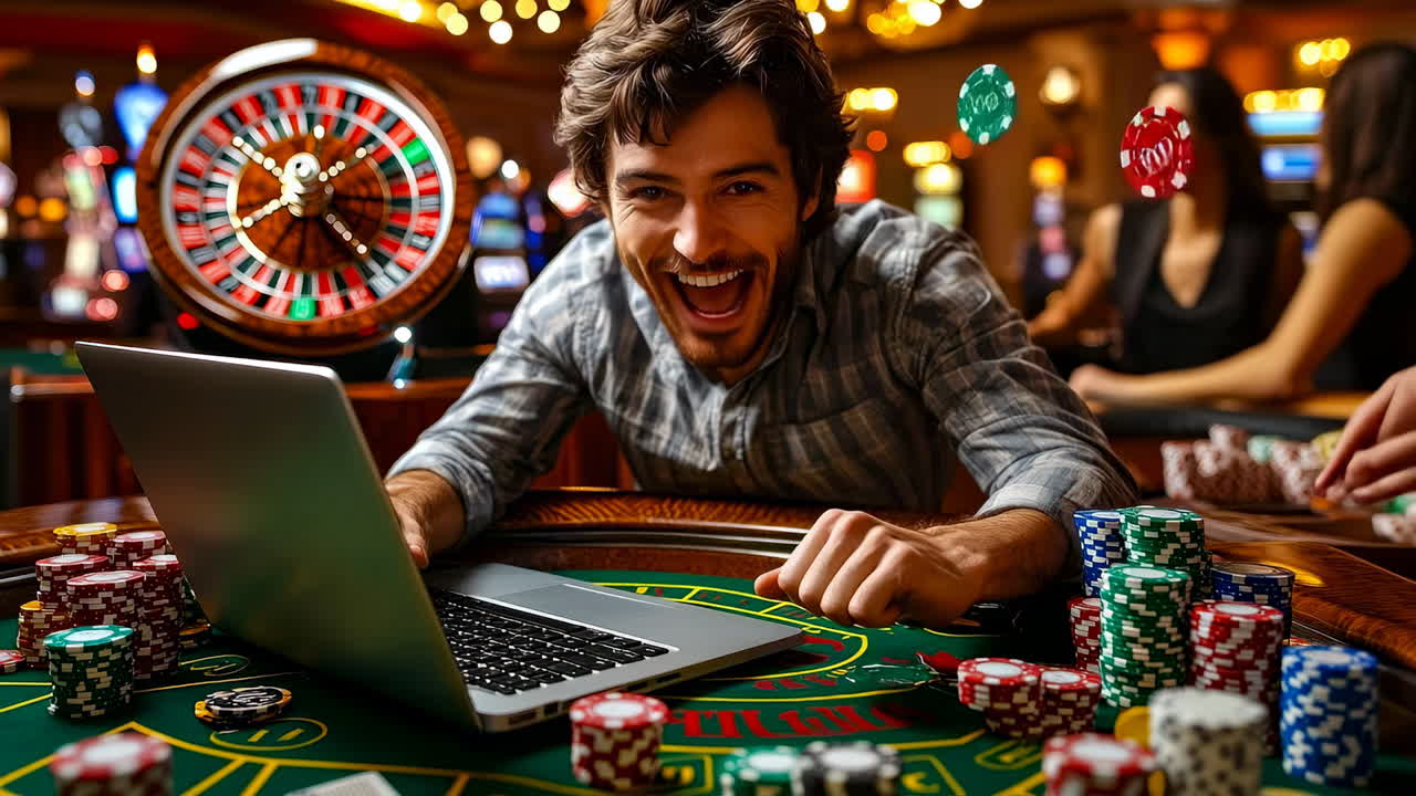 Uomo sorridente al tavolo di un casinò gioca online con un portatile