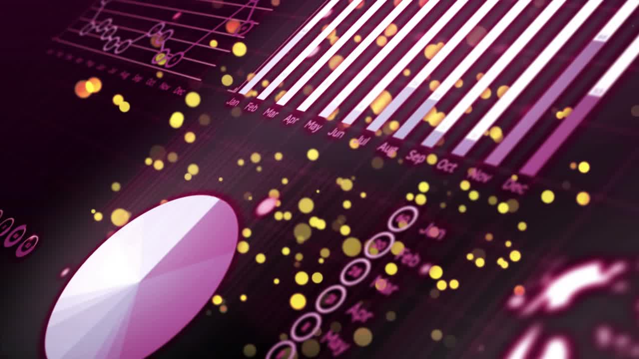 Playback starting data panel animating as gold dots drifting camera panning right revealing charts