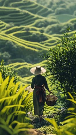 mujer agricultora en terrazas de arroz
