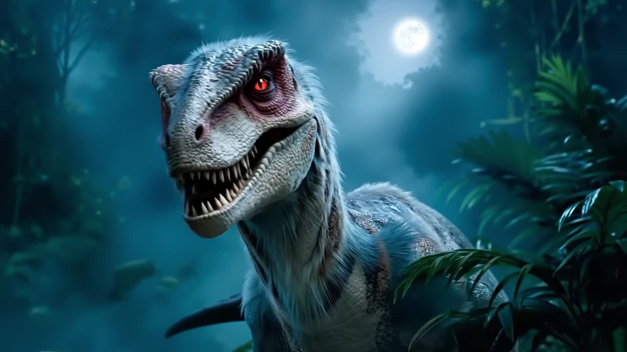 A close up of a dinosaur in a jungle with a full moon in the background