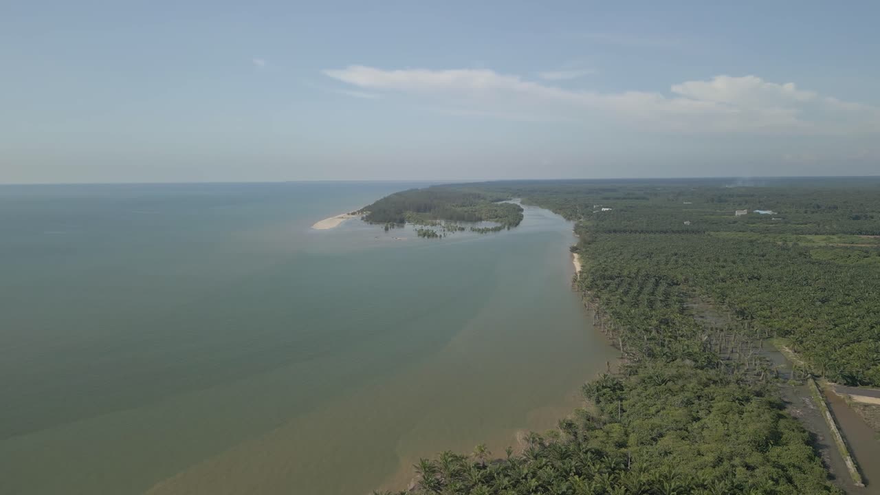 Aerial Drone View During Summer Alit Fishing Village,Kabong With, Facing Open Blue Sea, White Sandy Beach,Green Coconut, Palm Trees,And River,Sarawak,Borneo