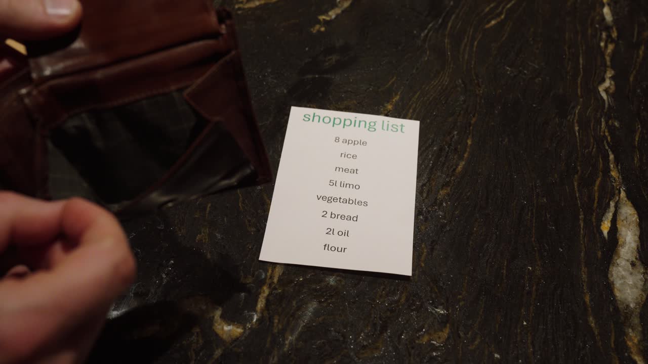Primo piano di un portafoglio vuoto accanto a una lista della spesa su un tavolo. Concetto di crisi economica, impatto dell'inflazione, aumento del costo della vita e difficoltà finanziarie personali.