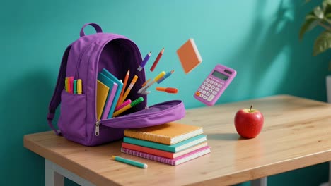 creative back to school concept with supplies levitating from a purple backpack
