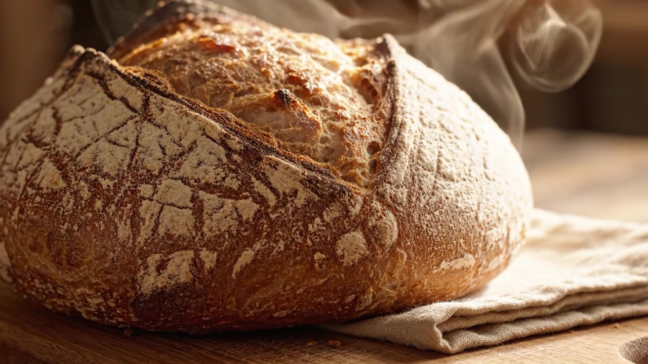Freshly Baked Artisan Bread Just Out of the Oven, Exuding Delicious Aroma and Steam While Resting on a Wooden Table with a Linen Cloth Underneath