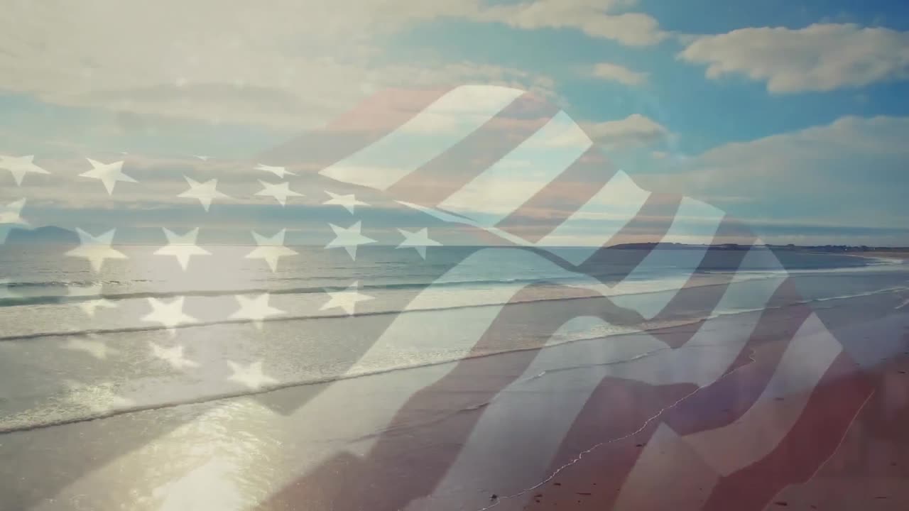 animación de la bandera de los estados unidos ondeando sobre el paisaje de la playa
