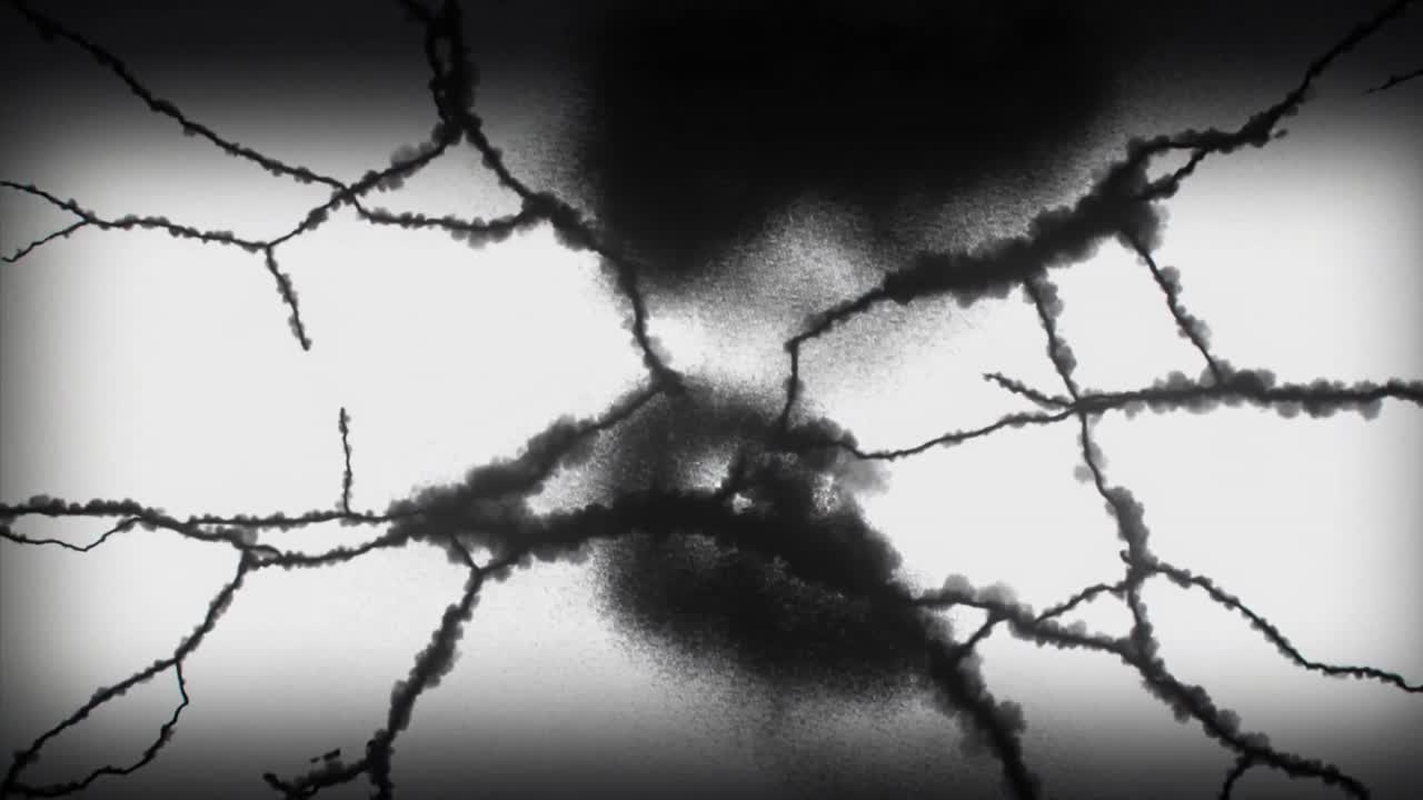 Emergendo da un'esplosione d'inchiostro, una nuvola fuligginosa centrale diffonde venature su un pannello pallido, formando una banda venata.