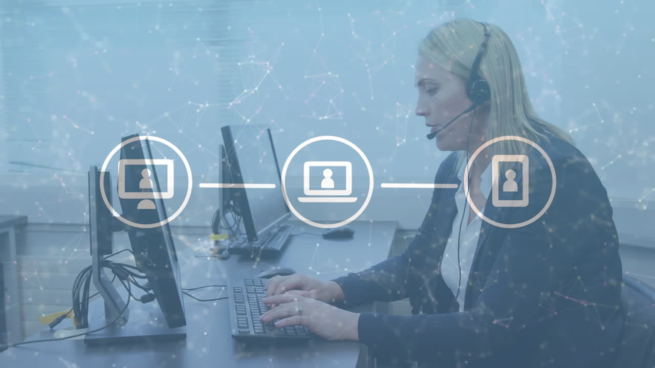 animación de la red de conexiones e iconos sobre un hombre de negocios con auriculares