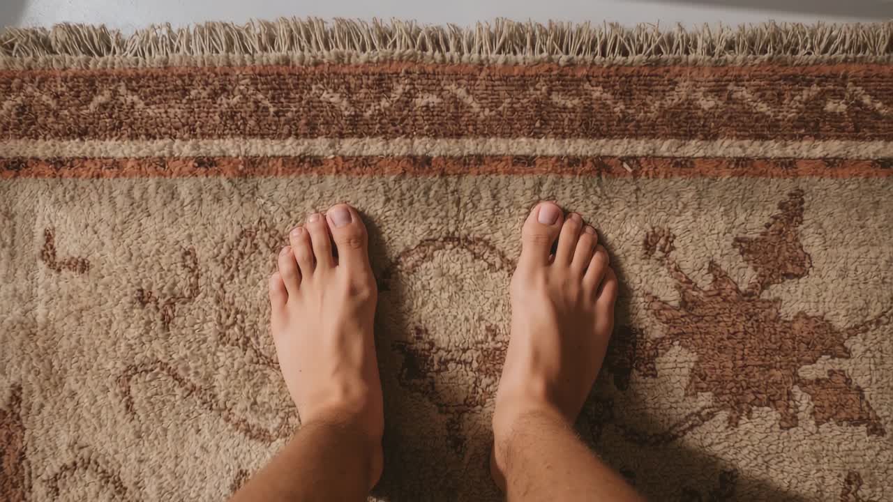 Spostamento dei piedi dopo una pausa, rotazione delle dita dei piedi verso l'interno e spostamento del peso per mantenere l'equilibrio sul tappeto del corridoio
