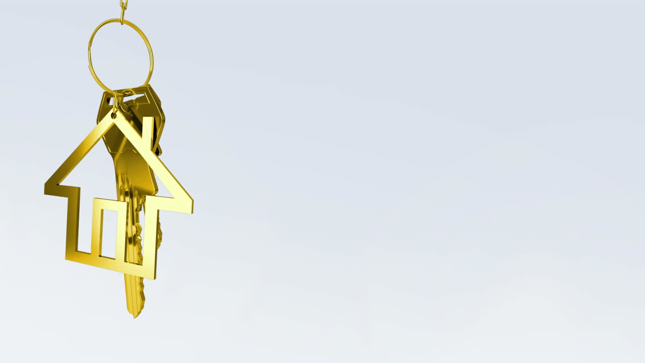 animación de una llave de oro con un llavero de casa sobre un fondo gris