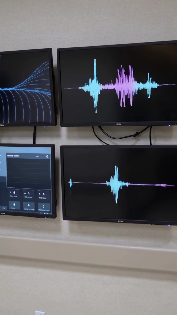 Vertical video: Getting live audio feed, four monitors updating cyan or purple waveforms with contro