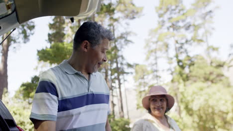 Feliz-Y-Diversa-Pareja-De-Ancianos-Empacando-Equipaje-En-Un-Auto-Al-Aire-Libre-Soleado