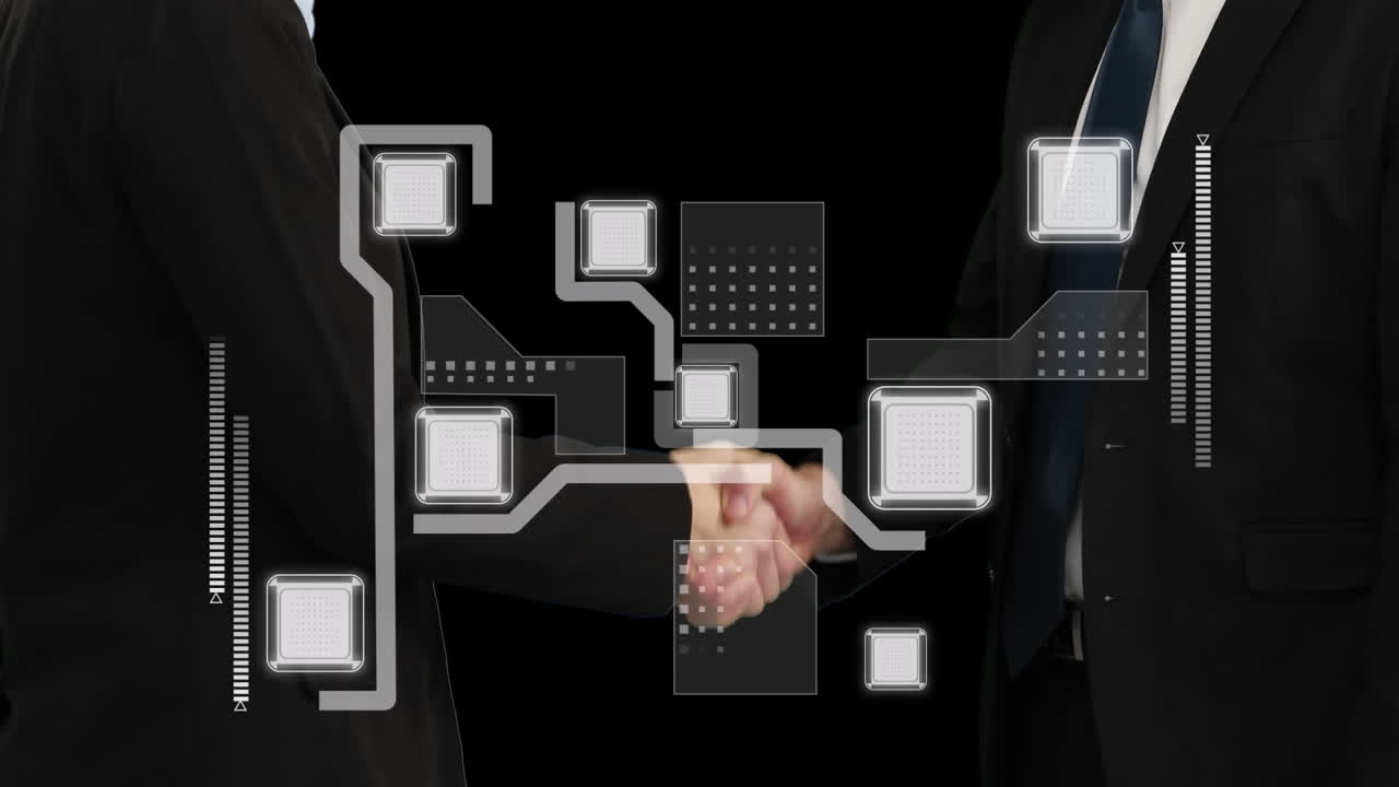 interfaz digital sobre la sección media de dos hombres de negocios que se dan la mano contra un fondo negro