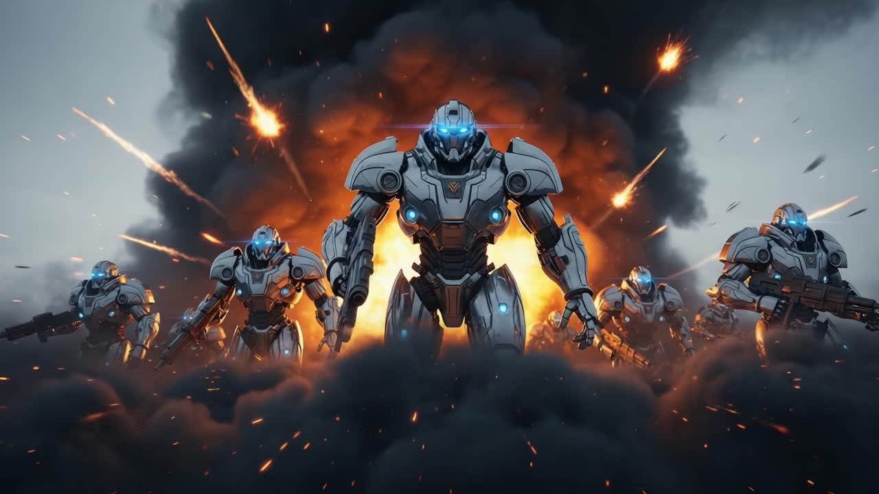 A team of futuristic armored warriors emerges from a fiery explosion, showcasing advanced technology and powerful weaponry in a dynamic and intense setting.
