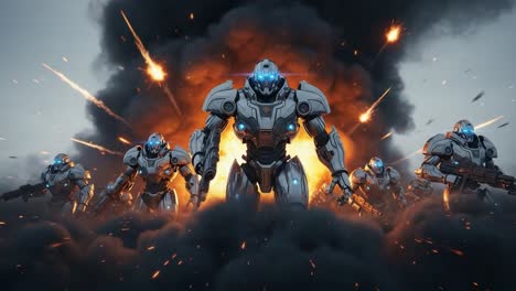 a team of futuristic armored warriors emerges from a fiery explosion, showcasing advanced technology and powerful weaponry in a dynamic and intense setting.
