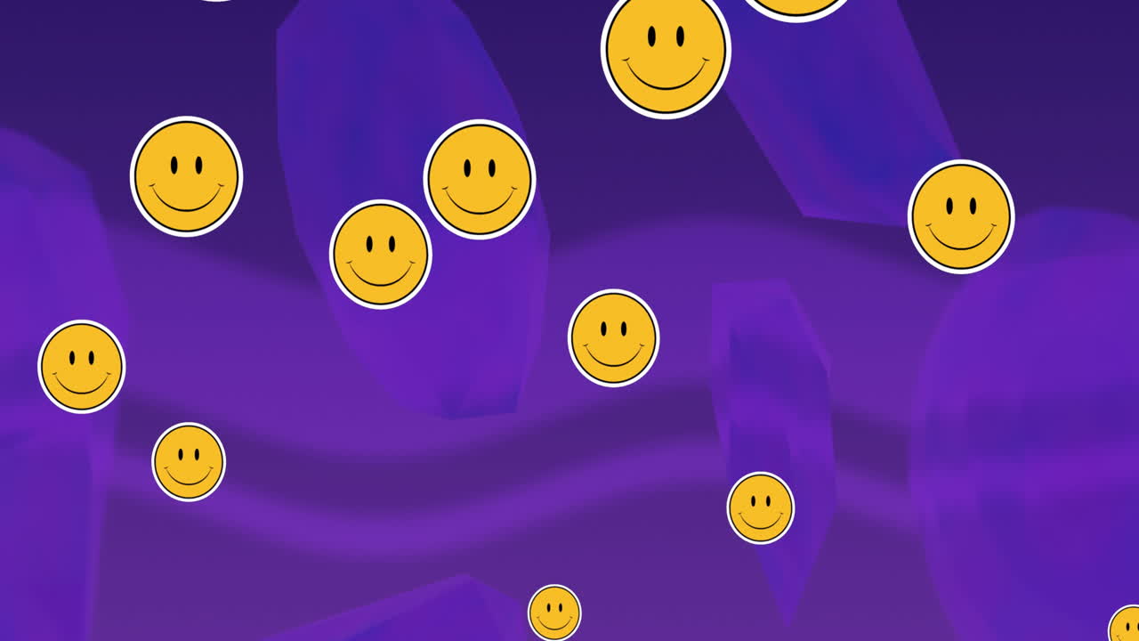 animación de iconos emoji de caras sonrientes amarillas flotando en un fondo púrpura ondulado