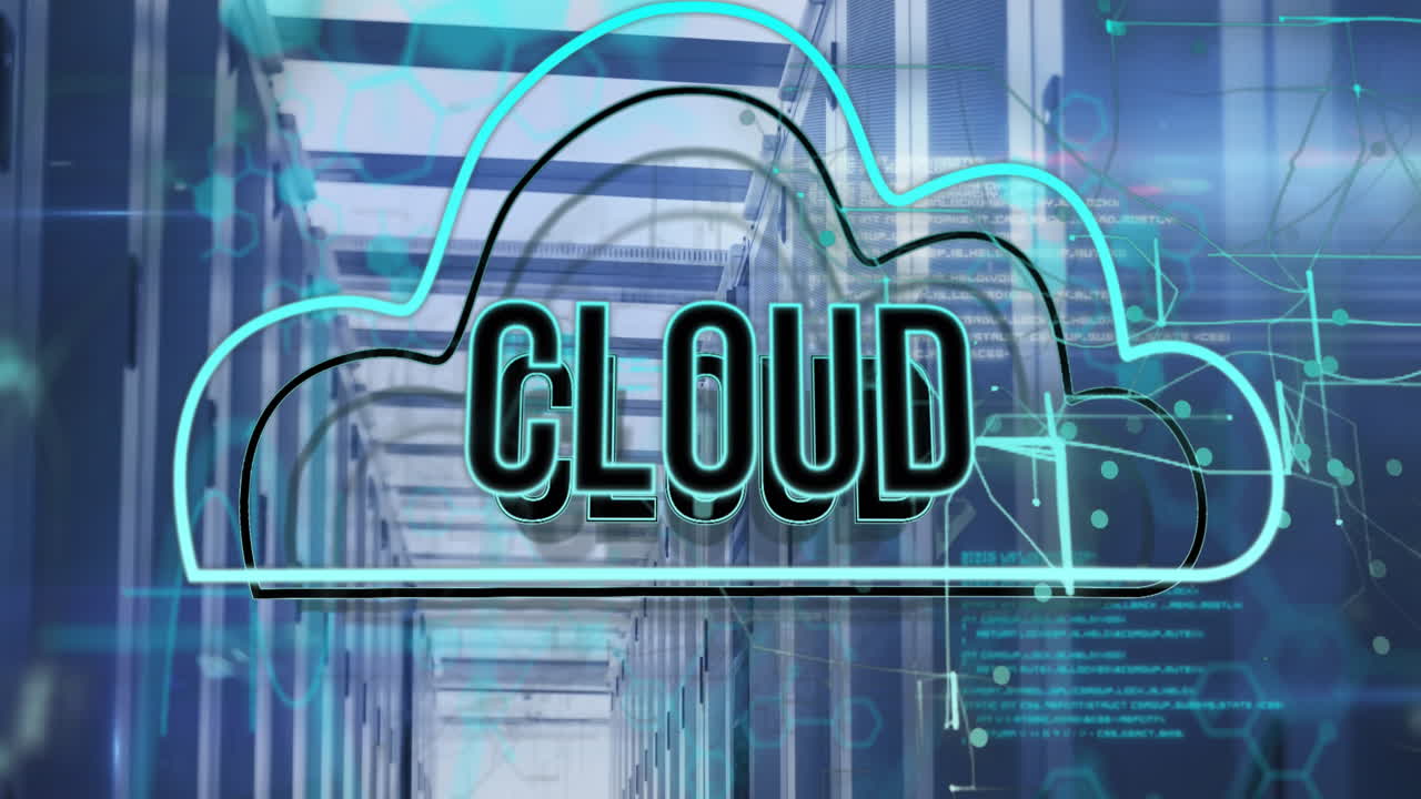 Animation of cloud icon and text banner over data processing against computer server room