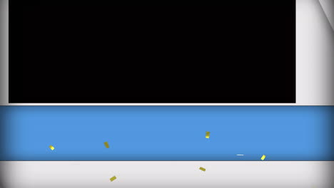 animación de paneles azules y blancos que se abren y confeti que cae sobre un fondo negro