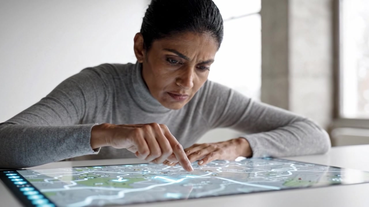 Focused Professional Interacting with Advanced Touchscreen Map Interface, Analyzing Data and Navigating Routes in a Modern Workspace Setting