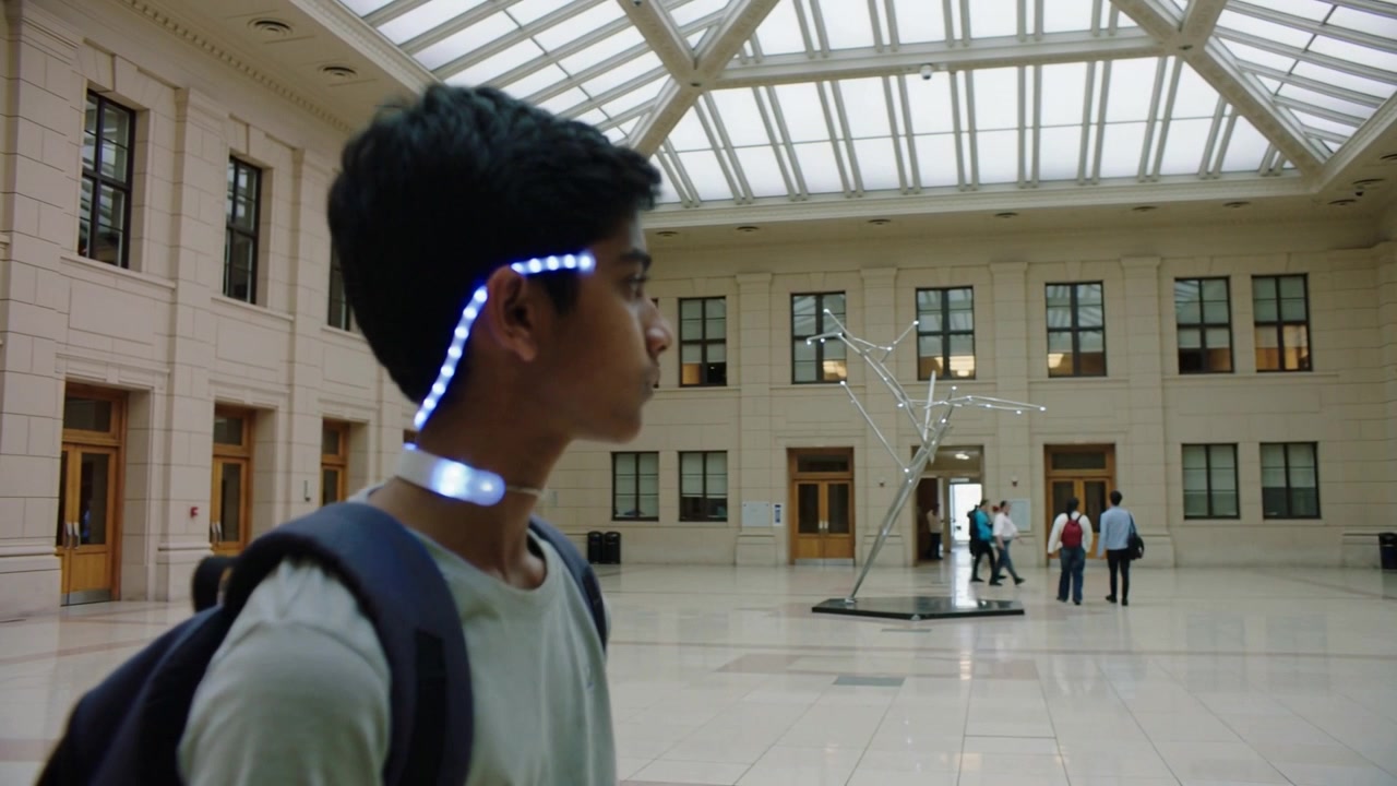 Walking South Asian teen, gray tee, backpack, blue LED, camera pulling back, glancing at sculpture