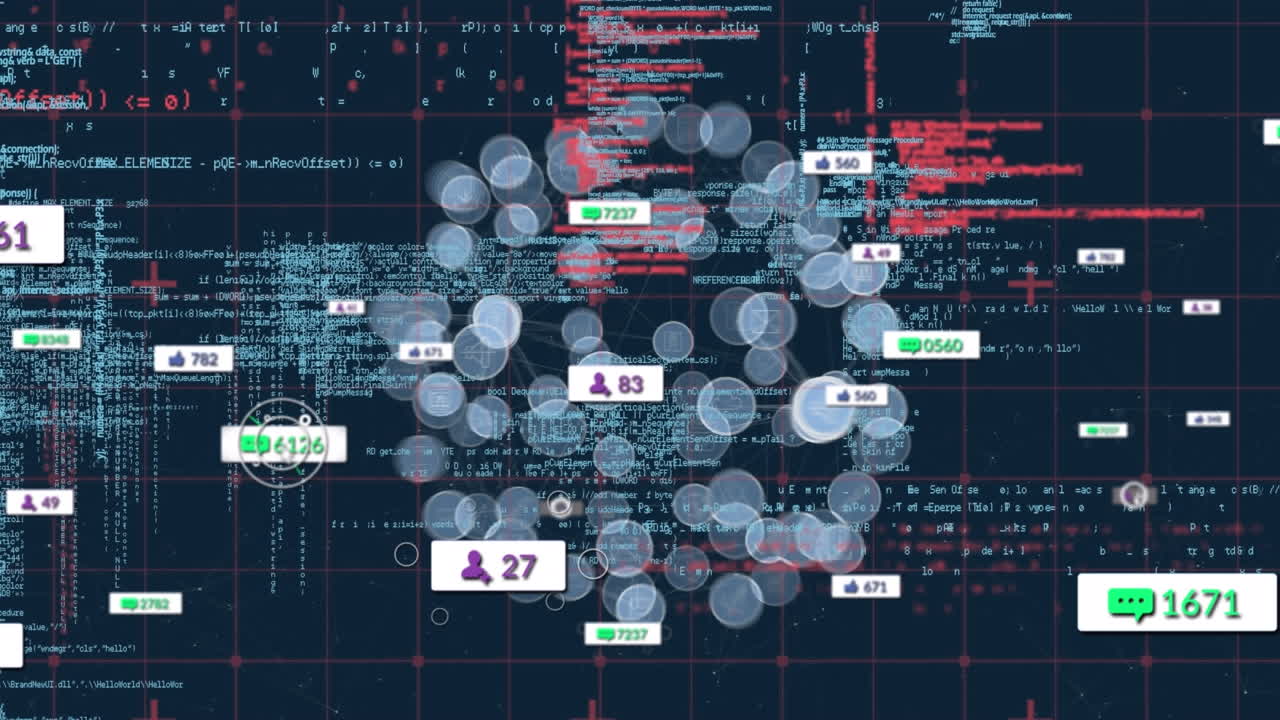 Animation of media icons and data processing over black background