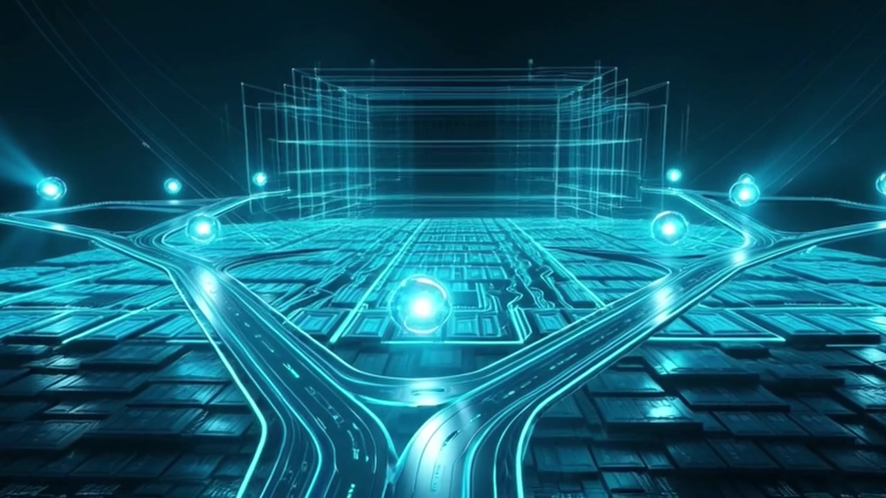 Digital Circuit Board with Glowing Data Spheres and Wireframe Structure
