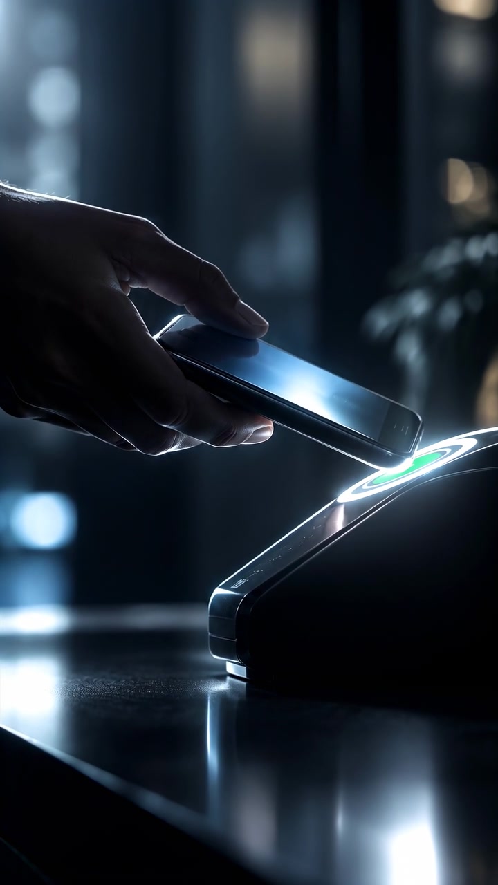 Close-up view follows a phone hovering above glowing payment reader while its center shifts from white to green, with soft background lights and mirrored highlights on dark counter surface.