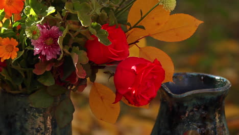 Colourful-Thanksgiving-flowers-in-vase-on-table-outside-in-garden