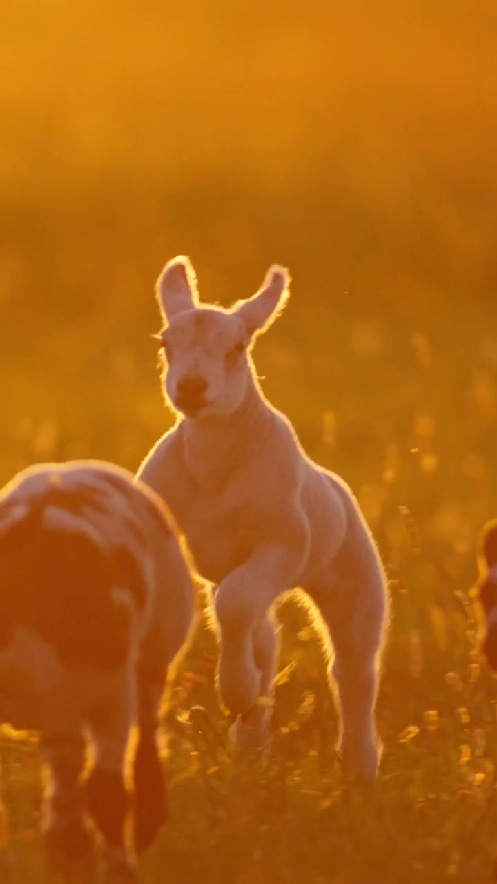 Corderos juegan enérgicamente en un prado soleado durante el atardecer, creando una atmósfera cálida y animada. Adecuado para documentales de naturaleza o contenido estacional