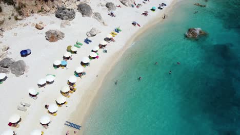 Aerial-Top-View-Tilt-over-the-Agiofili-Beach-Shore,-Lefkada,-Greece