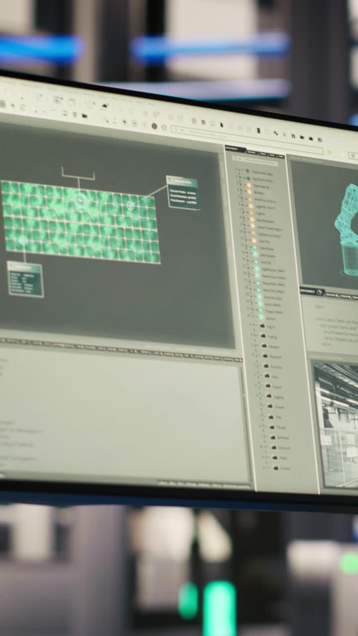 Vertical video Robotics software on screen in smart factory used to inspect machinery