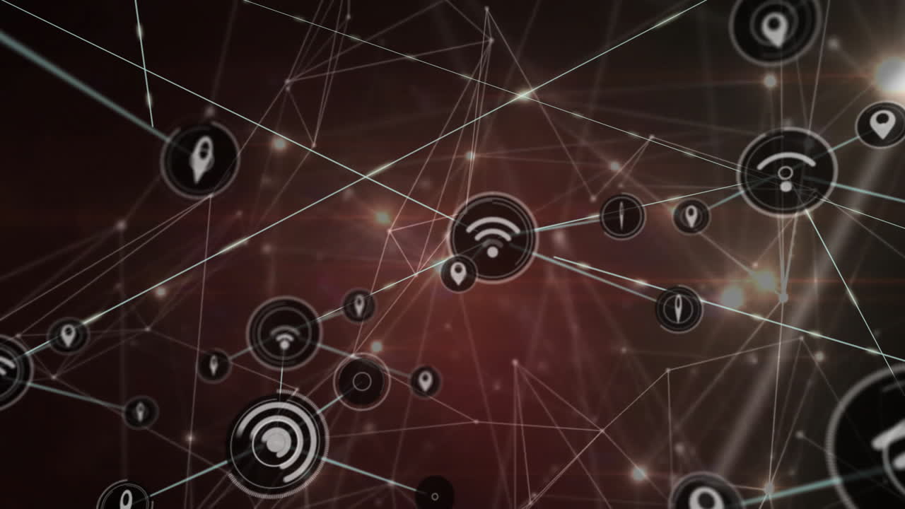 animación de la red de conexiones y procesamiento de datos sobre un fondo oscuro con íconos
