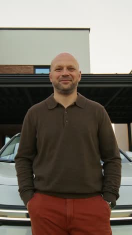 man standing outside of modern home