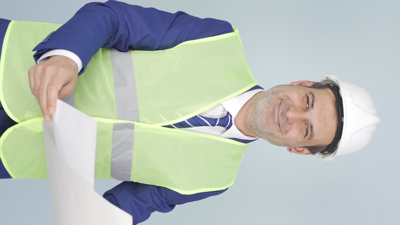 엔지니어가 카메라를 향해 고개를 끄덕이는 수직 비디오.